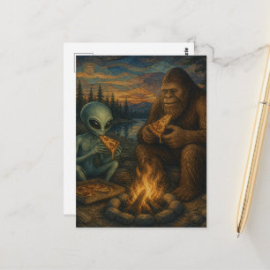 Carte Postale Sasquatch et un extraterrestre mangeant une pizza