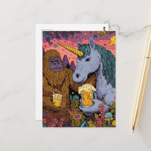 Carte Postale Sasquatch et une licorne appréciant la bière