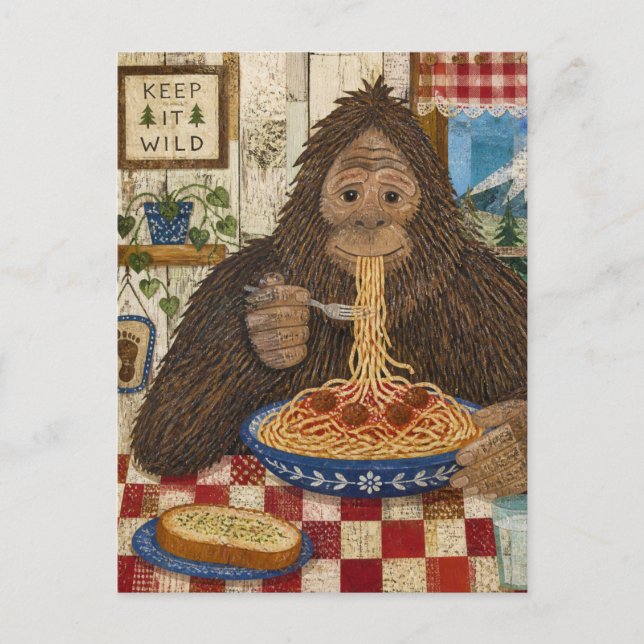 Carte Postale Sasquatch mangeant des spaghetti (Devant)