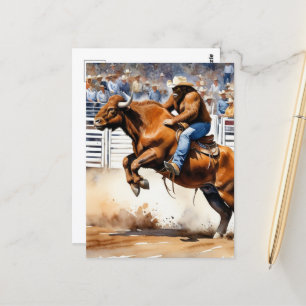 Carte Postale Sasquatch Rides Brown Bull dans Rodeo Watercolor