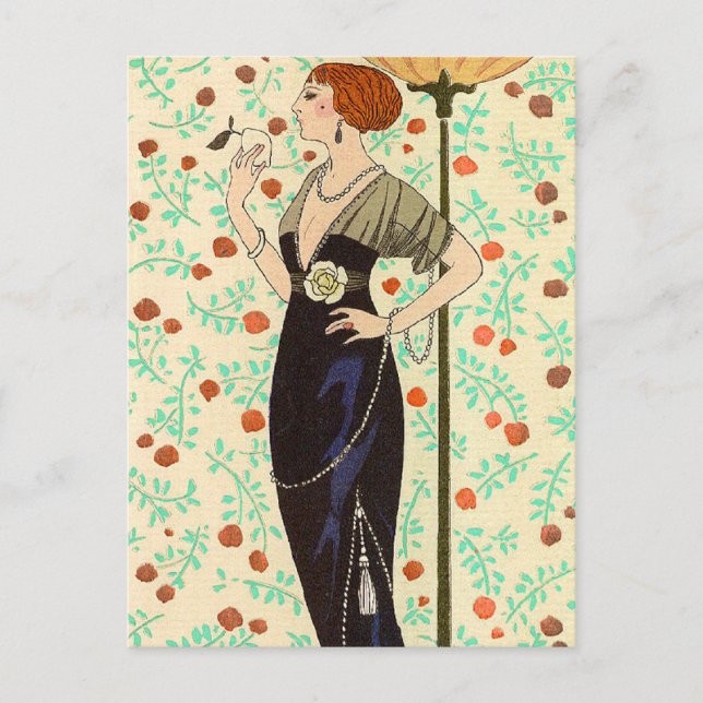 Carte Postale Satin noir et Rose par George Barbier (Devant)