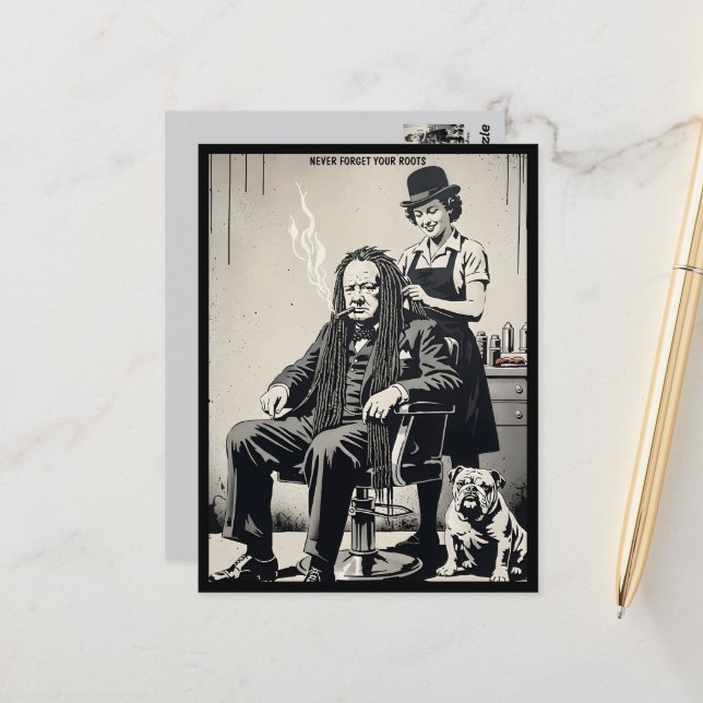 Carte postale satirique de style Banksy (Devant/Arrière en situation)
