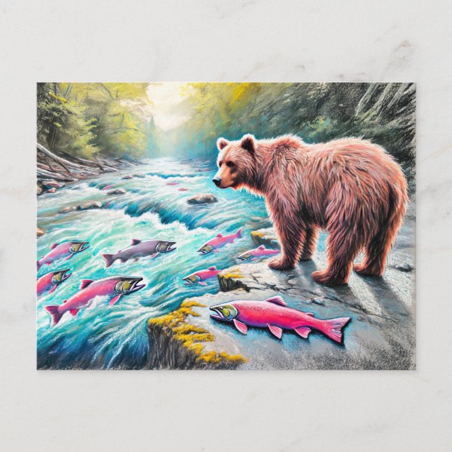 Carte Postale Saumon Brown d'observation de l'ours Pastel Dessin (Devant)