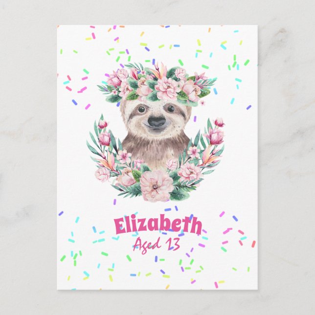 Carte Postale Saupoudrer SLOTH Boho Girls Pink Flowers Cadeaux m (Devant)