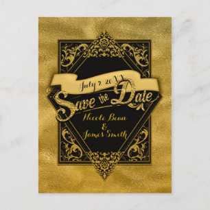Carte Postale Sauver la date Noir & Or Faux Élégant Engagement