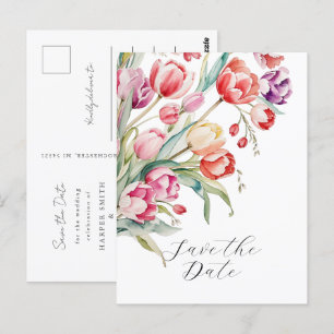 Carte Postale Sauvez la date des tulipes d'aquarelle de mariage