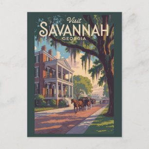 Carte Postale Savannah Georgia Horse Carriage Illustration Retro