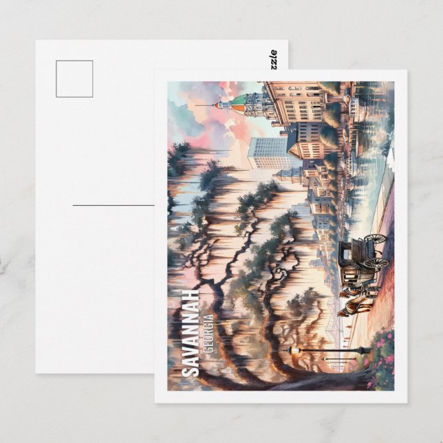 Carte Postale Savannah Géorgie USA Fameux Place aquarelle (Devant / Derrière)