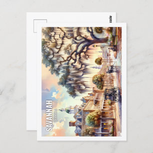 Carte Postale Savannah Géorgie USA Fameux Place aquarelle