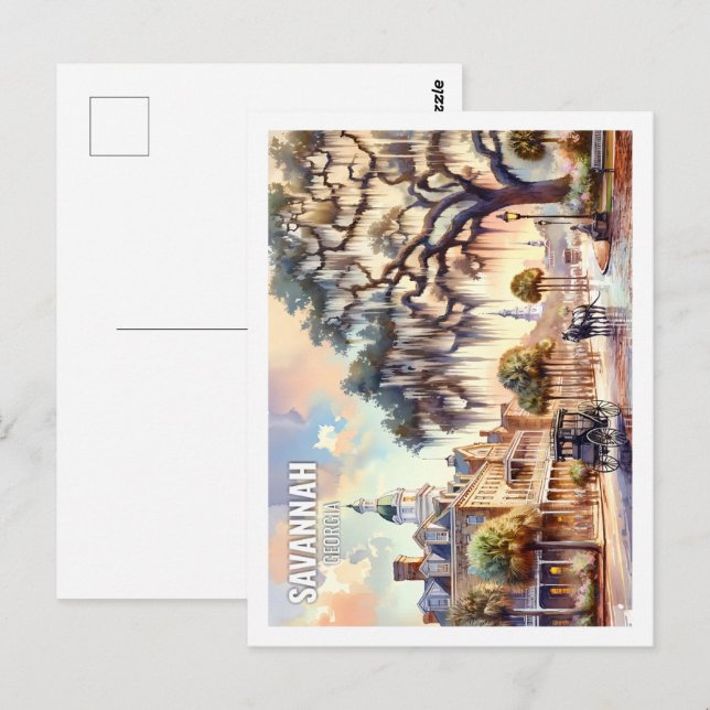 Carte Postale Savannah Géorgie USA Fameux Place aquarelle (Devant / Derrière)