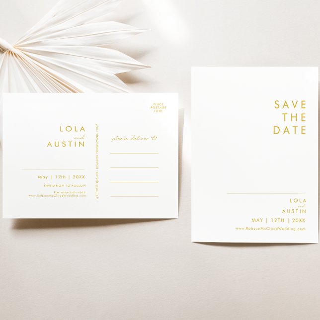 Carte postale "Save The Date" à police dorée minim (Créateur téléchargé)