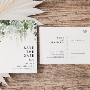 Carte postale « Save the Date » avec verdure et fe