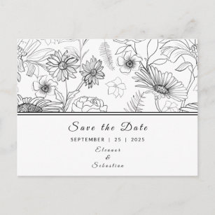 Carte Postale "Save the Date" noir & blanc motif de fleur margue