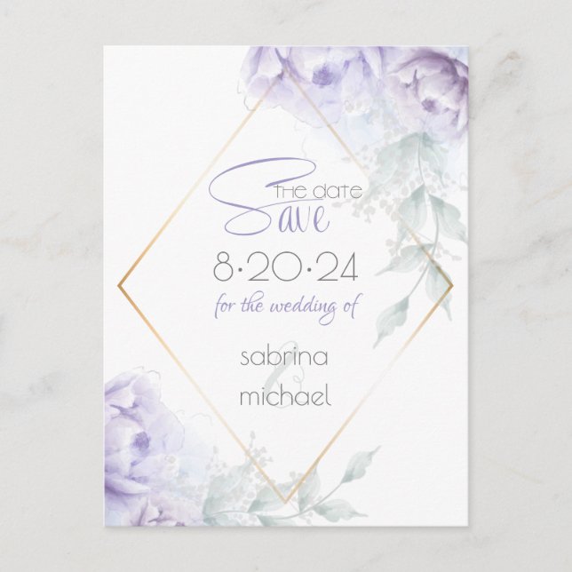 Carte Postale Save the date | Pale Lilac Aquarelle Peonies (Devant)