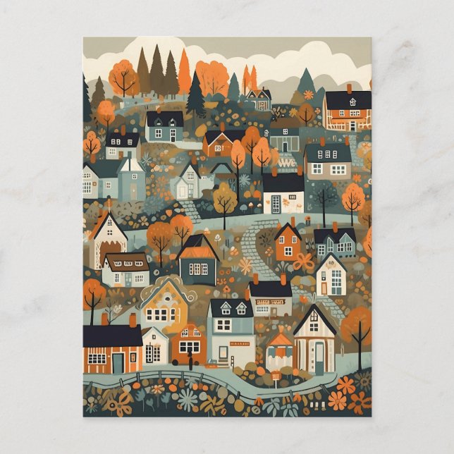 Carte Postale Scandi Village À L'Automne Art (Devant)