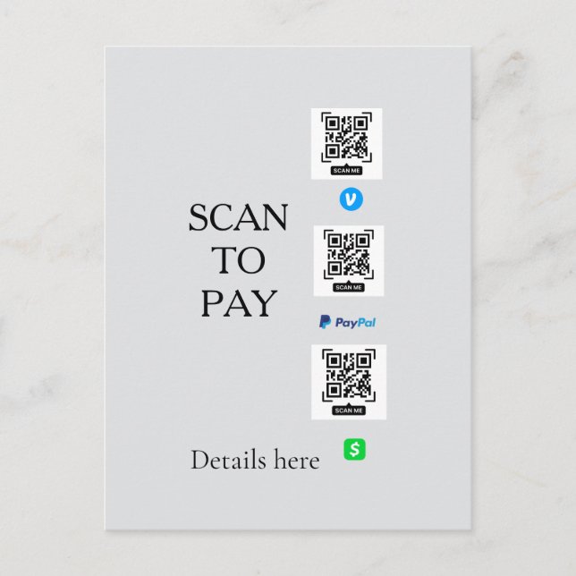 Carte Postale scanner pour payer les détails du code QR venmo ca (Devant)