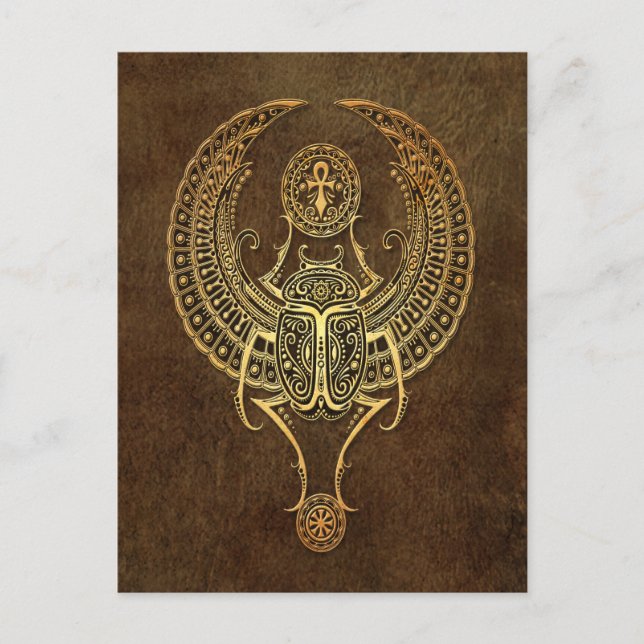 Carte Postale Scarabée ailé égyptien vieilli avec Ankh marron (Devant)