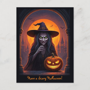 Carte Postale Scary Halloween sorcière et Citrouille fou de sour