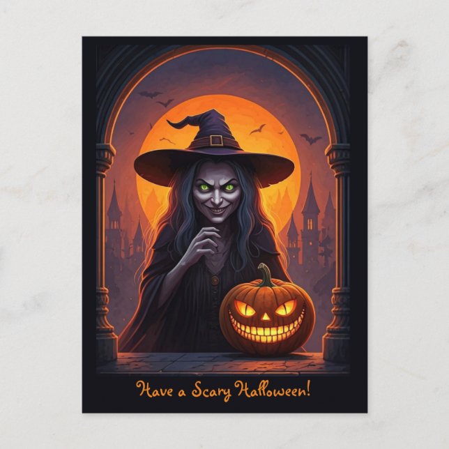 Carte Postale Scary Halloween sorcière et Citrouille fou de sour (Devant)