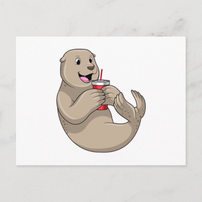 Carte Postale Sceau avec mug avec paille (Devant)