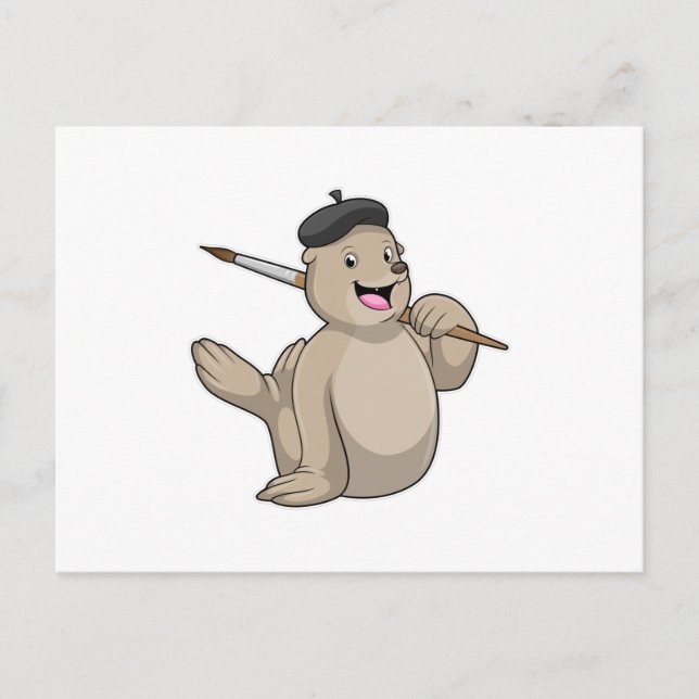 Carte Postale Sceau en tant que peintre avec pinceau (Devant)