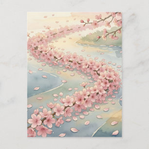 Carte Postale Scène aquarelle de la rivière aux cerisiers roses