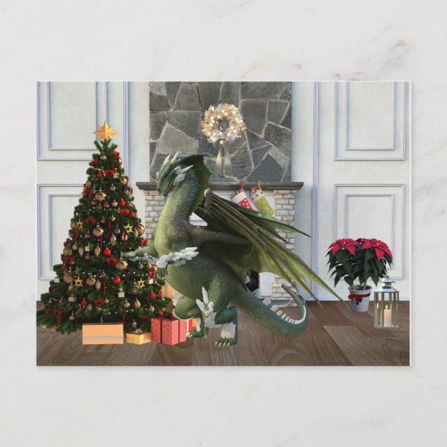 Carte Postale Scène de cheminée de Noël Dragon Tree (Devant)