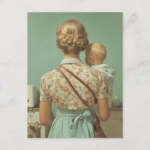 Carte Postale Scène de cuisine vintage mère et bébé
