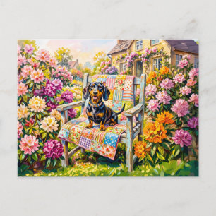 Carte Postale Scène de dachshund assis sur un banc de jardin flo
