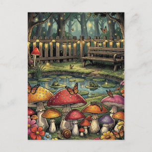 Carte Postale Scène de forêt Cottagecore   Champignons fantaisis