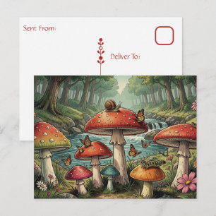 Carte Postale Scène de forêt de champignons Cottagecore fantaisi