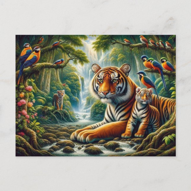 Carte Postale Scène de jungle paisible avec peinture de tigres (Devant)