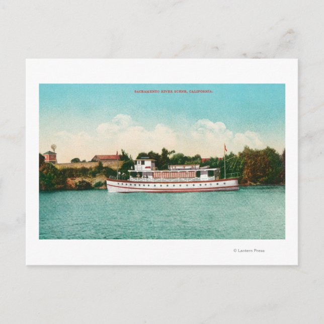 Carte Postale Scène de la rivière Sacramento avec un bateau (Devant)