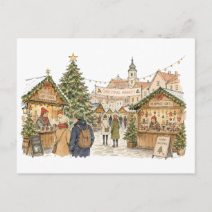 Carte Postale Scène de marché de Noël pour les amateurs de shopp