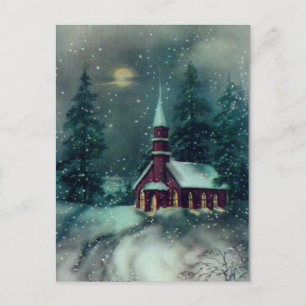 Carte Postale Scène de neige d'église Art vintage