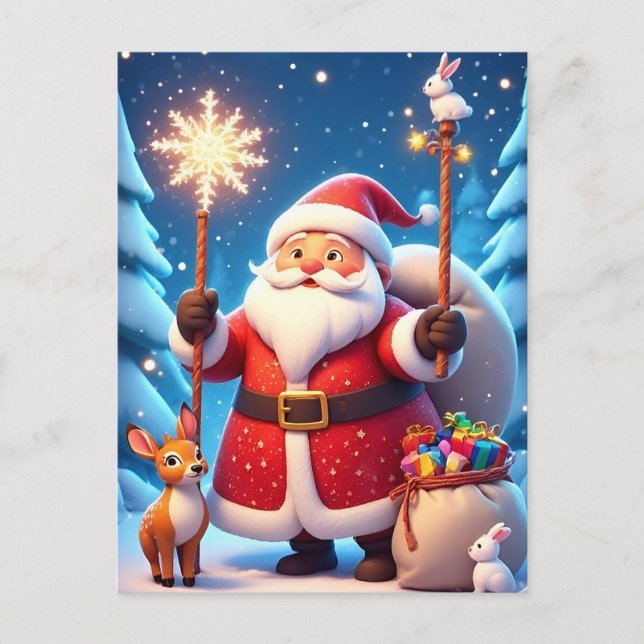 Carte Postale Scène de Noël Magique Lumineuse Père Noël Hiver (Devant)