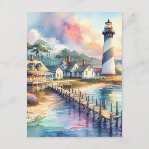 Carte Postale Scène de phare côtier et cottages de plage
