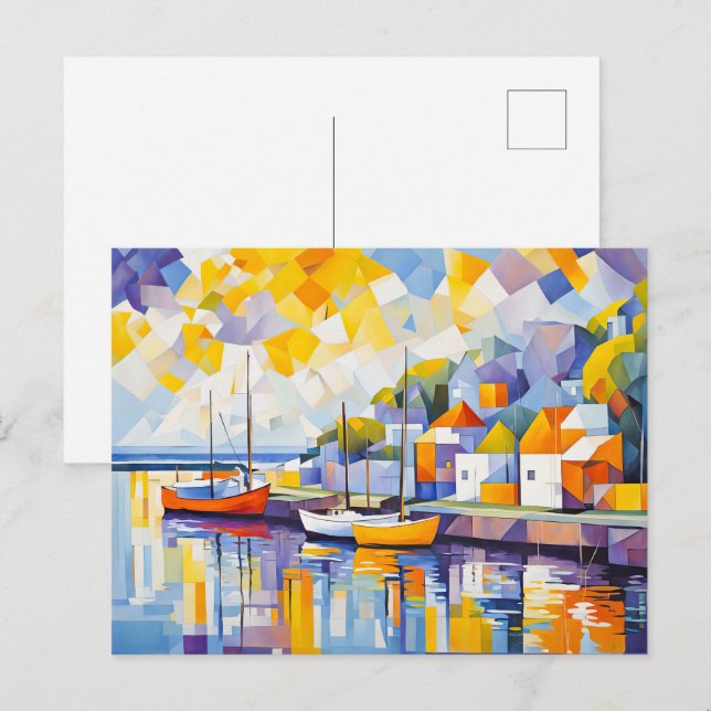 Carte Postale Scène de port cubiste avec bateaux (Devant / Derrière)