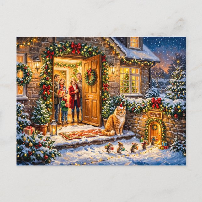 Carte Postale Scène de porte de Noël de chat et de souris (Devant)