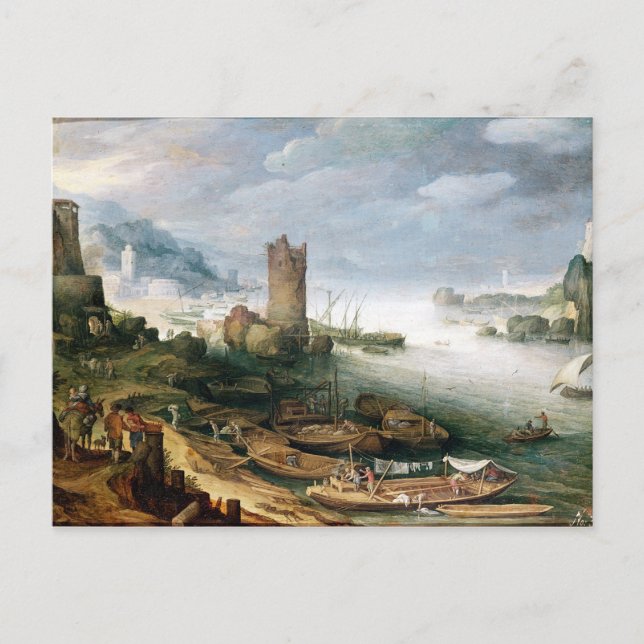 Carte Postale Scène de rivière avec une tour en ruine (Devant)