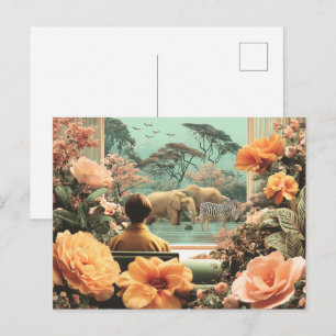 Carte Postale Scène de safari surréaliste avec éléphants zèbres