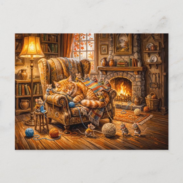 Carte Postale Scène de tricot douillet de chat et de souris (Devant)