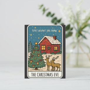 Carte Postale Scène de veille de Noël cosy Cabane, Renne & Arbre