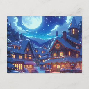 Carte Postale Scène de village d'hiver de nuit de style Anime