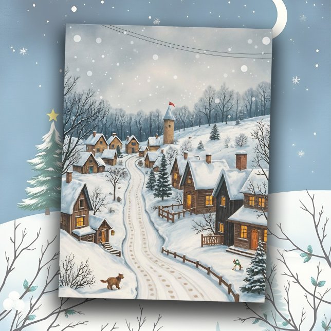Carte Postale Scène de village enneigé hivernal d'une ville sere (Snowy village scene on nostalgic Winter postcard, charming old fashioned town with peaceful street)