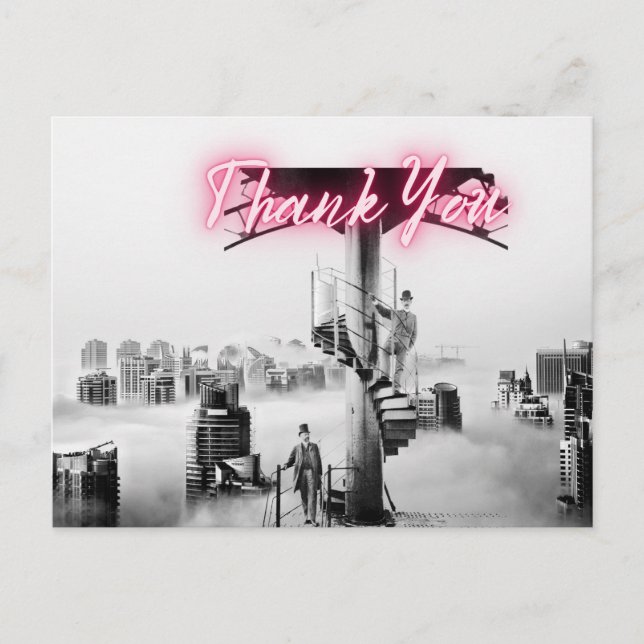 Carte Postale Scène de ville surréaliste vintage Merci (Devant)