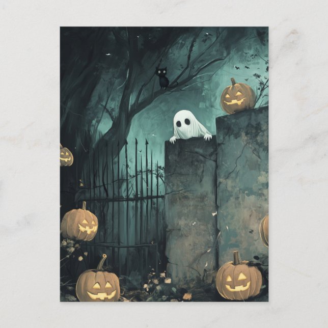 Carte Postale Scène d'Halloween avec fantôme et chat (Devant)