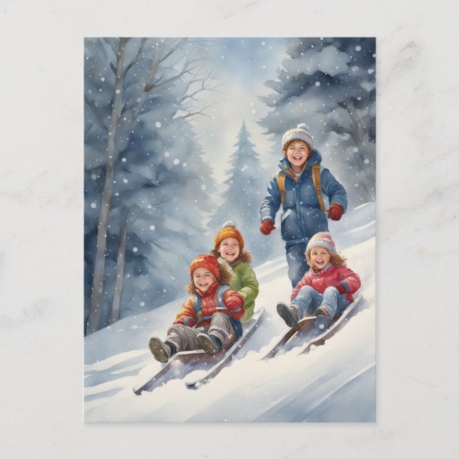 Carte Postale Scène d'hiver Toboggan pour enfants (Devant)