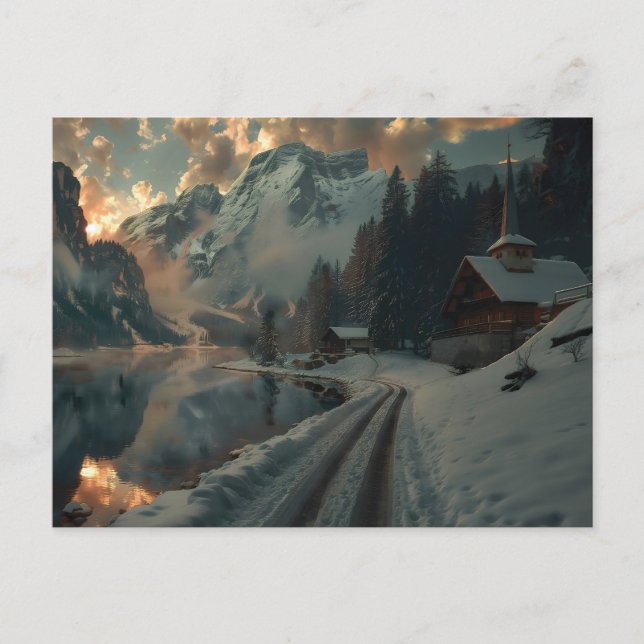Carte Postale Scène hivernale avec des bâtiments en bois (Devant)