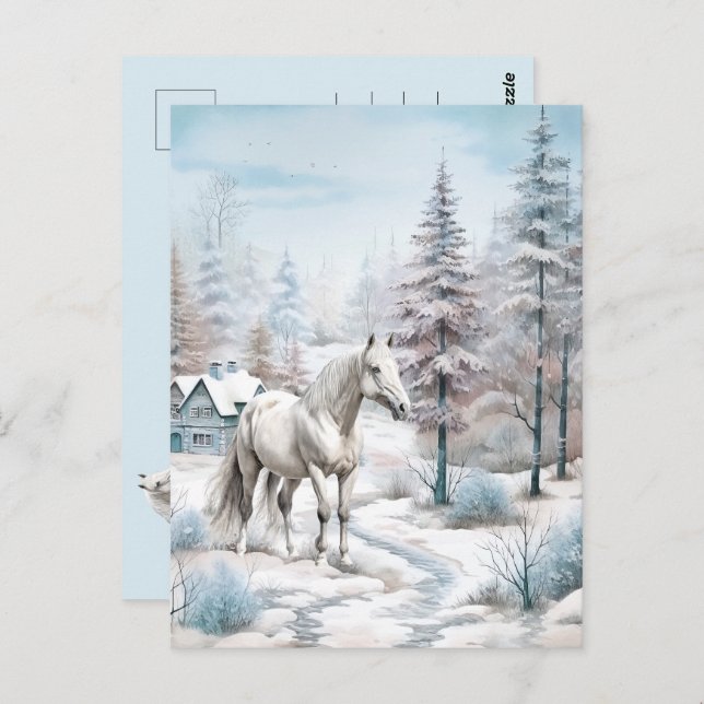 Carte Postale Scène hivernale de cheval neige forêt Noël (Devant / Derrière)